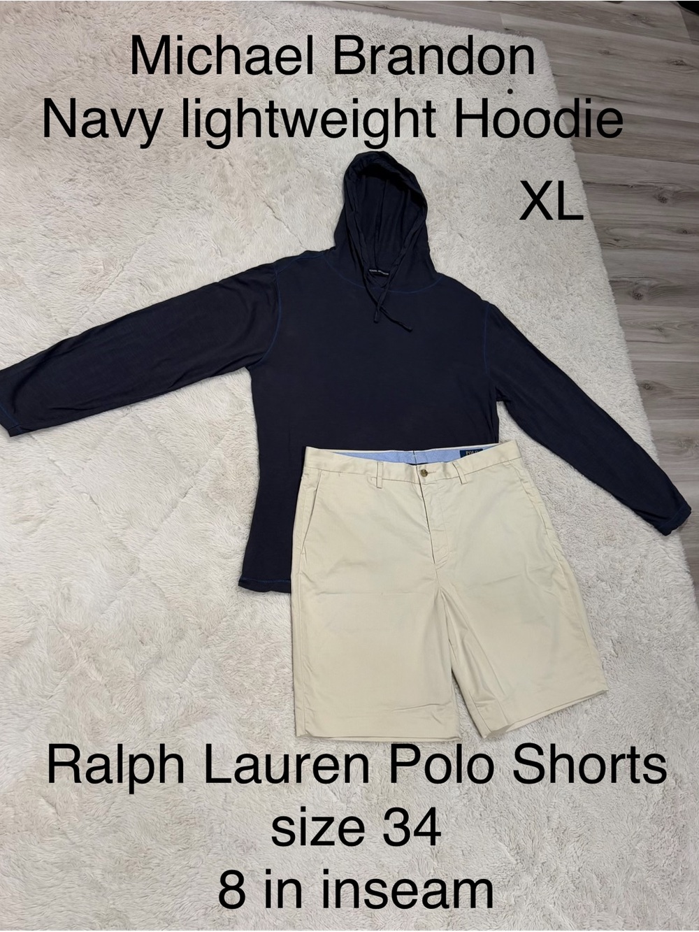 Ralph Lauren Men's Flat Front Shorts in Khaki Paired with Navy Hoodie XL
